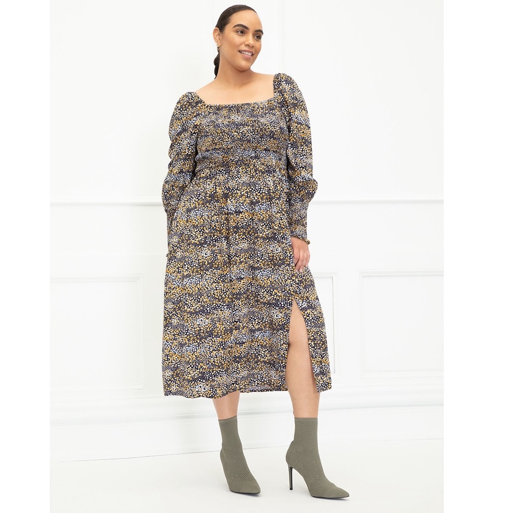 Eloquii Smocked Bodice Mixed Dots Midi Dress NWT